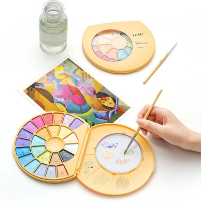HIMI : Semi-Moist Watercolour : Set of 24 Pans : Metallic : 1 Brush Included : Plastic Round Case : Yellow