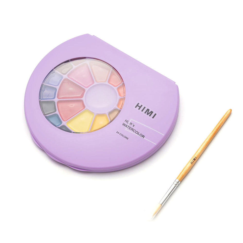 HIMI : Semi-Moist Watercolour : Set of 24 Pans : 1 Brush Included : Plastic Round Case : Purple