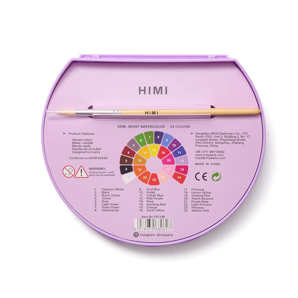HIMI : Semi-Moist Watercolour : Set of 24 Pans : 1 Brush Included : Plastic Round Case : Purple