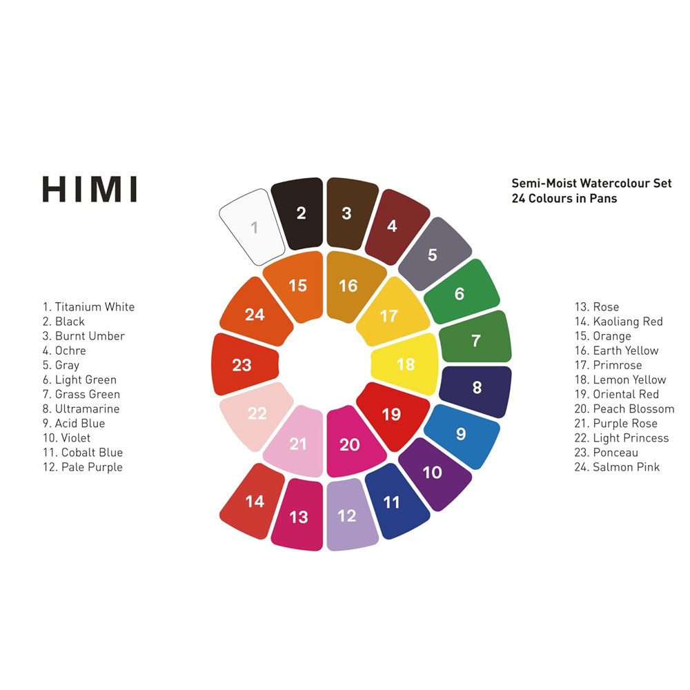 HIMI : Semi-Moist Watercolour : Set of 24 Pans : 1 Brush Included : Plastic Round Case : Purple