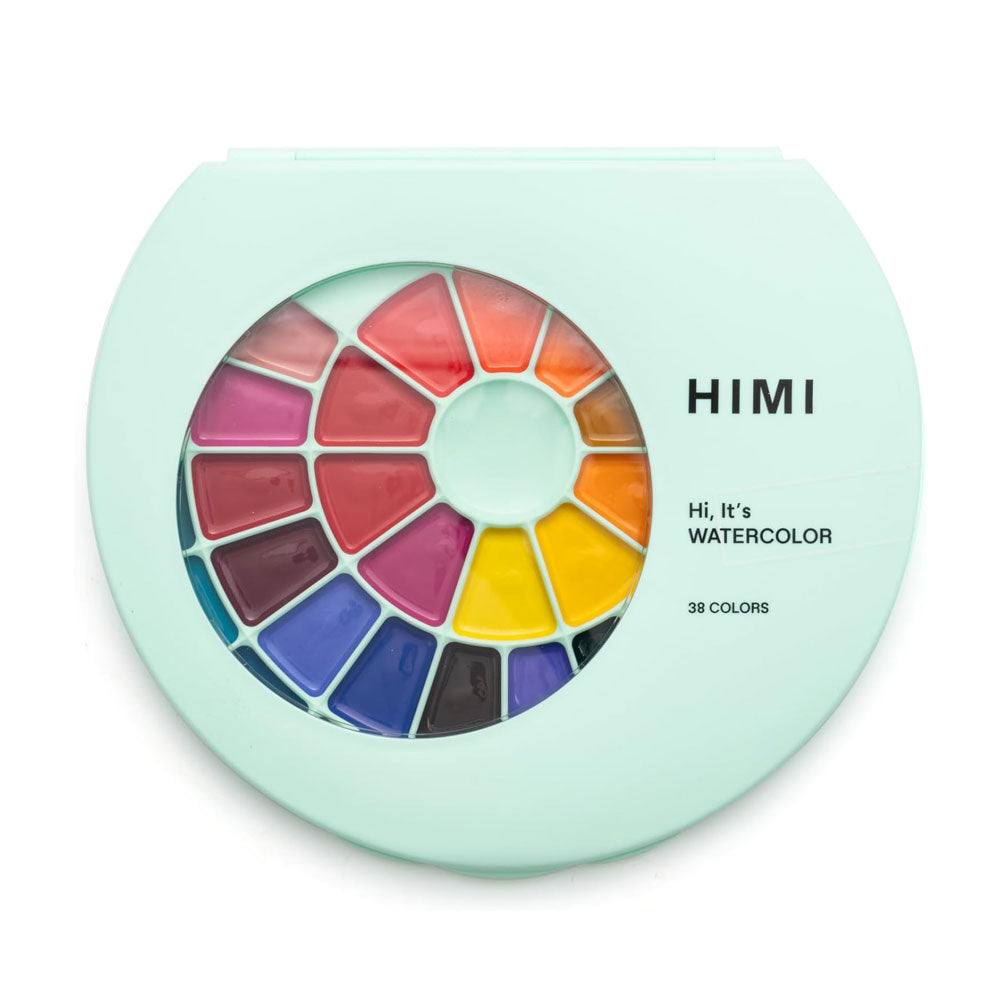 HIMI : Semi-Moist Watercolour : Set of 38 Pans : 1 Brush Included : Plastic Round Case : Green