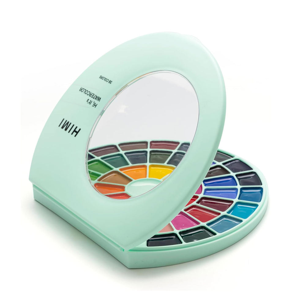 HIMI : Semi-Moist Watercolour : Set of 38 Pans : 1 Brush Included : Plastic Round Case : Green