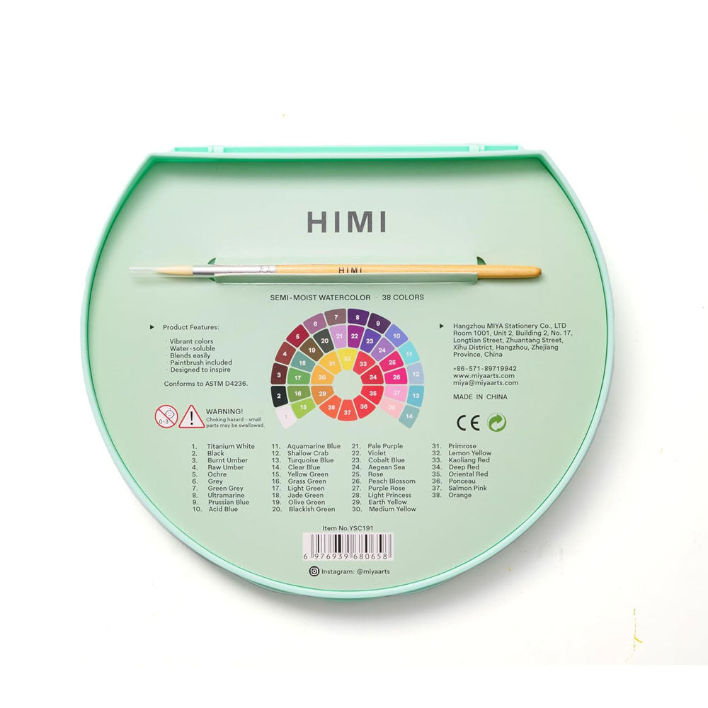 HIMI : Semi-Moist Watercolour : Set of 38 Pans : 1 Brush Included : Plastic Round Case : Green