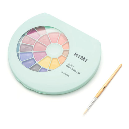 HIMI : Semi-Moist Watercolour : Set of 38 Pans : 1 Brush Included : Plastic Round Case : Green