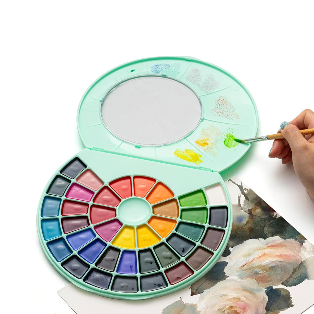 HIMI : Semi-Moist Watercolour : Set of 38 Pans : 1 Brush Included : Plastic Round Case : Green