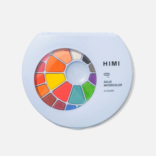 HIMI : Solid Watercolour : Set of 24 Pans : 1 Brush Included : Plastic Round Case : Blue
