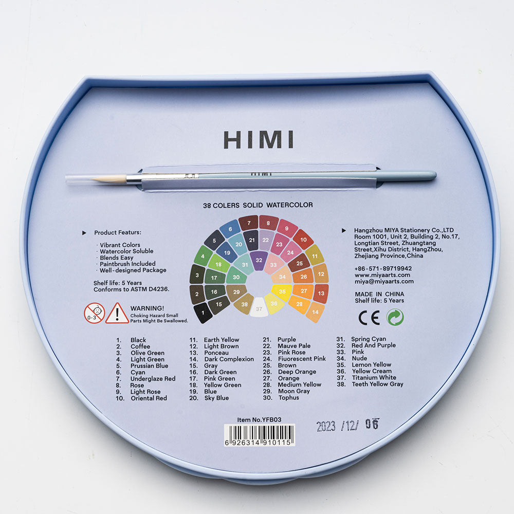 HIMI : Solid Watercolour : Set of 24 Pans : 1 Brush Included : Plastic Round Case : Blue