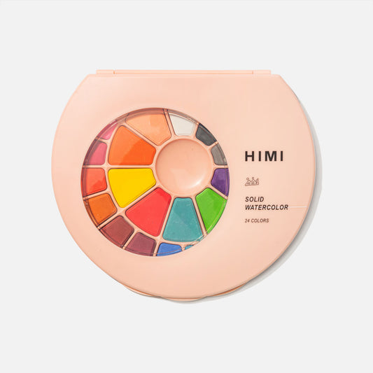 HIMI : Solid Watercolour : Set of 24 Pans : 1 Brush Included : Plastic Round Case : Pink
