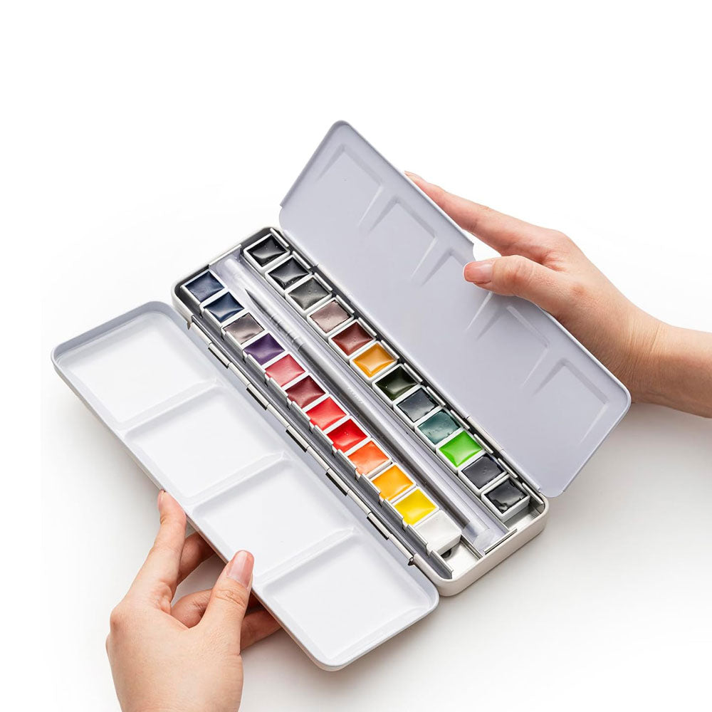 HIMI : Solid Watercolour : Set of 24 Half Pans : 1 Brush Included : Metal Case