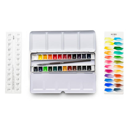 HIMI : Solid Watercolour : Set of 24 Half Pans : 1 Brush Included : Metal Case