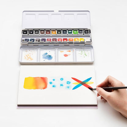 HIMI : Solid Watercolour : Set of 24 Half Pans : 1 Brush Included : Metal Case