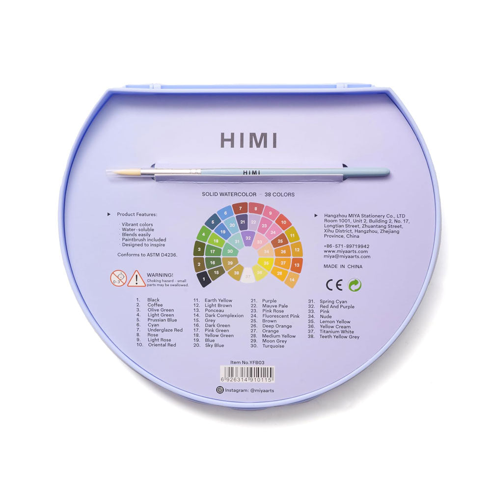 HIMI : Solid Watercolour : Set of 38 Pans : 1 Brush Included : Plastic Round Case : Blue