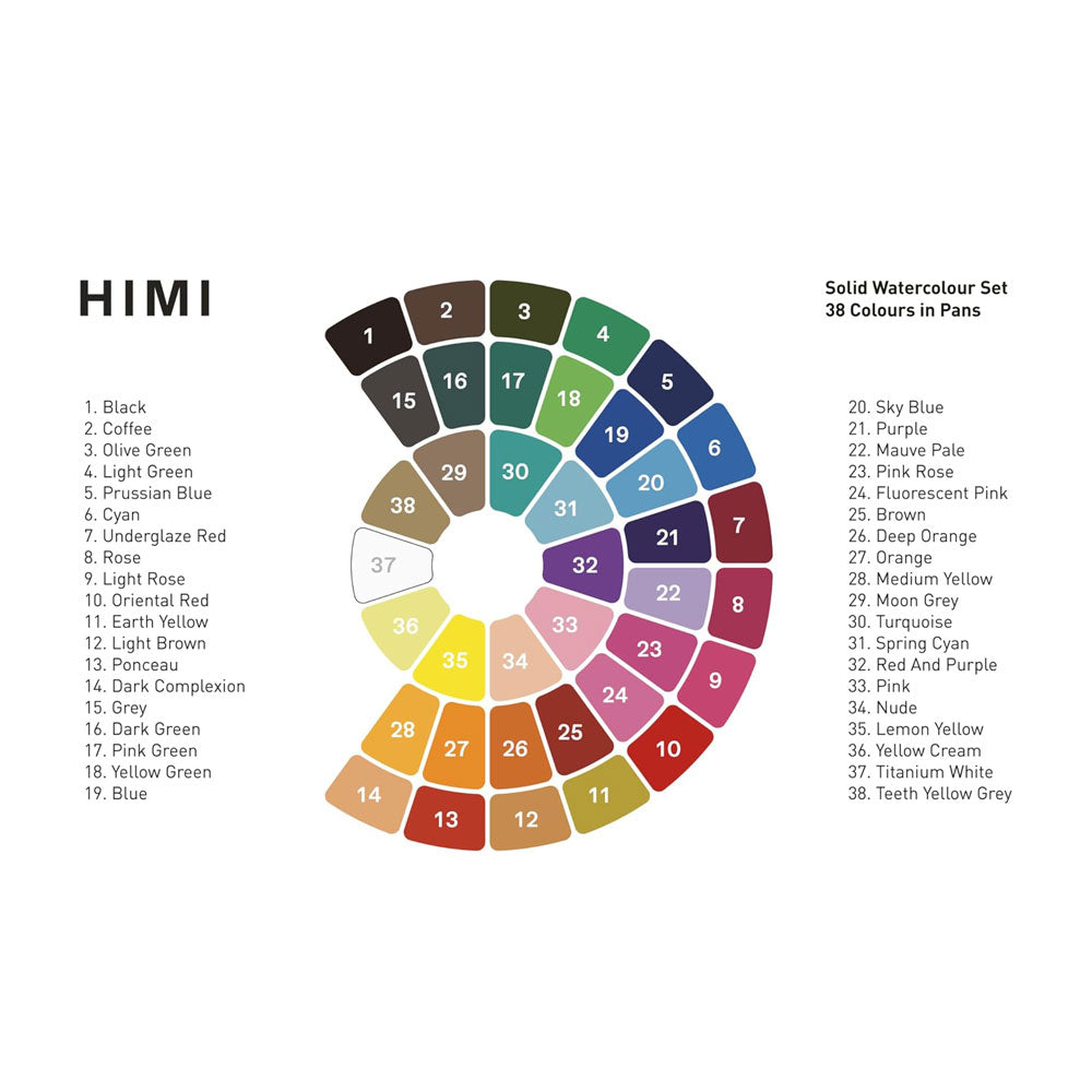 HIMI : Solid Watercolour : Set of 38 Pans : 1 Brush Included : Plastic Round Case : Blue
