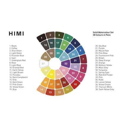 HIMI : Solid Watercolour : Set of 38 Pans : 1 Brush Included : Plastic Round Case : Blue