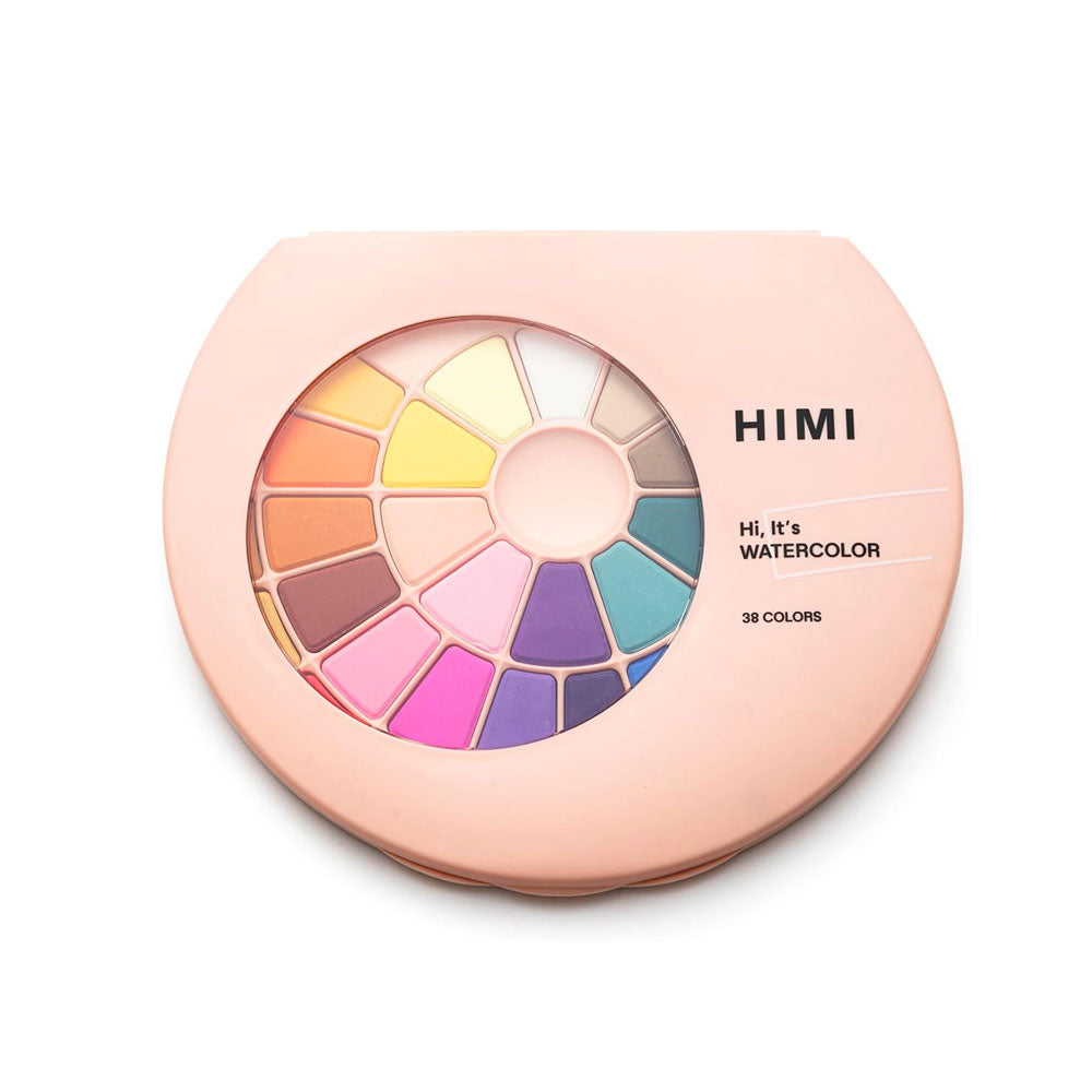 HIMI : Solid Watercolour : Set of 38 Pans : 1 Brush Included : Plastic Round Case : Pink