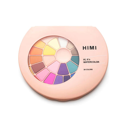 HIMI : Solid Watercolour : Set of 38 Pans : 1 Brush Included : Plastic Round Case : Pink