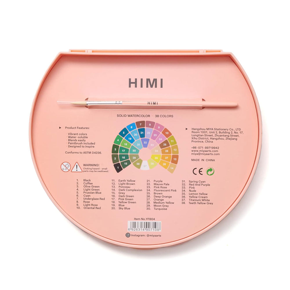 HIMI : Solid Watercolour : Set of 38 Pans : 1 Brush Included : Plastic Round Case : Pink
