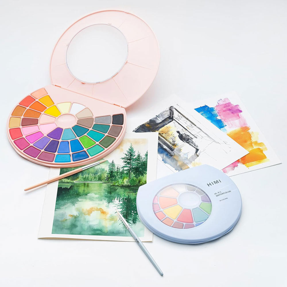 HIMI : Solid Watercolour : Set of 38 Pans : 1 Brush Included : Plastic Round Case : Pink
