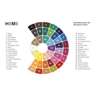 HIMI : Solid Watercolour : Set of 38 Pans : 1 Brush Included : Plastic Round Case : Pink