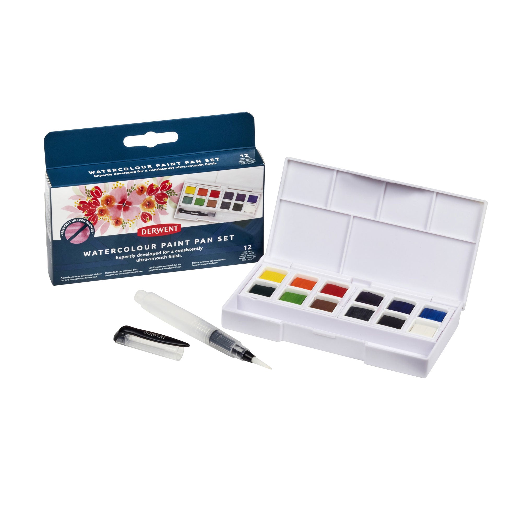 12 Watercolour half pan paints in a compact, portable palette