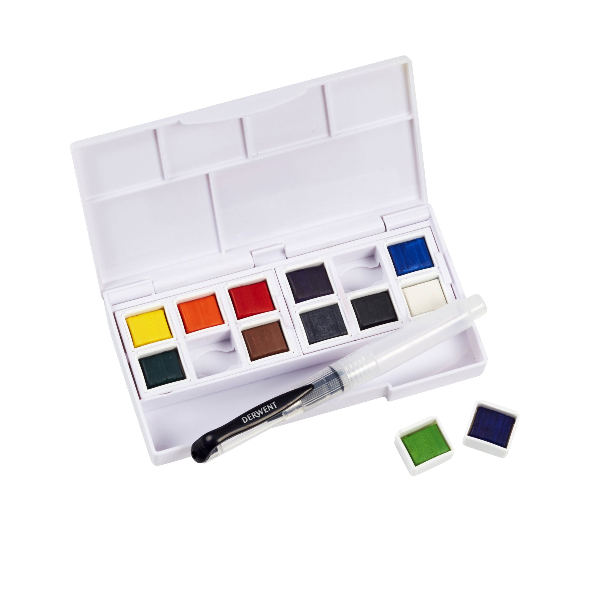 Portable size with integral mixing tray and a specially designed Derwent Waterbrush