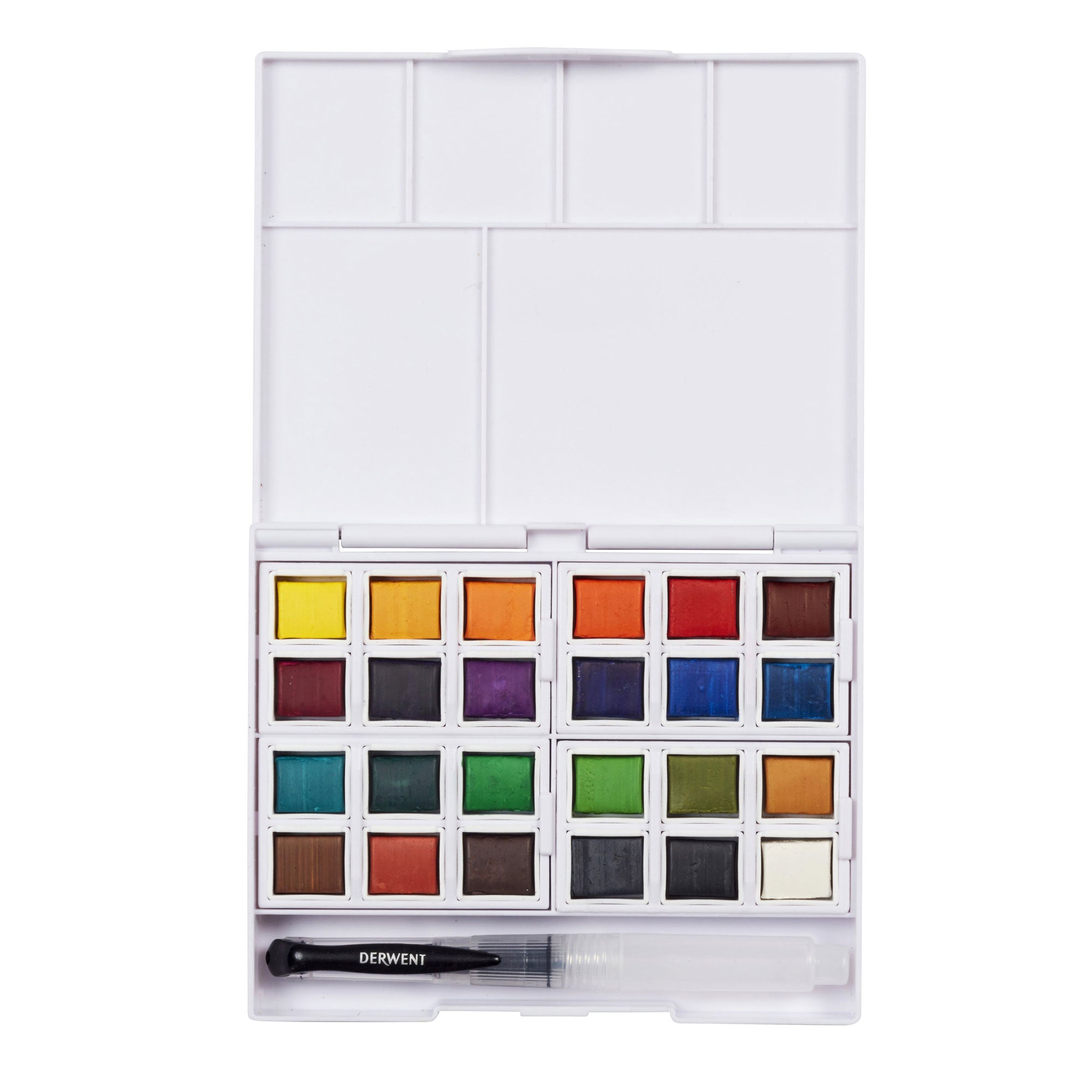 24 Watercolour half pan paints in a compact, portable palette