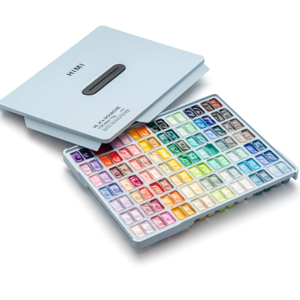 HIMI : Jelly Cup Gouache : 12ml Twin Cups : Set of 112 Colours : Plastic Case : Ice Blue