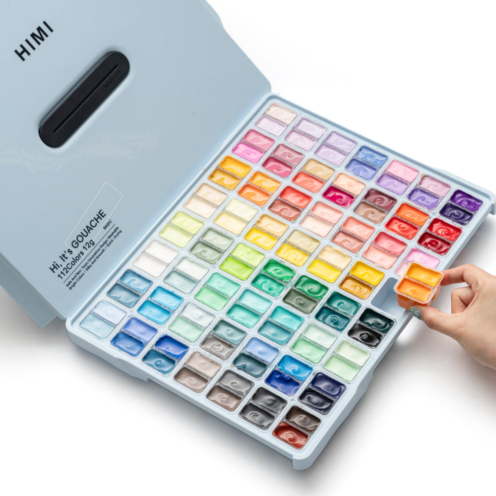 HIMI : Jelly Cup Gouache : 12ml Twin Cups : Set of 112 Colours : Plastic Case : Ice Blue