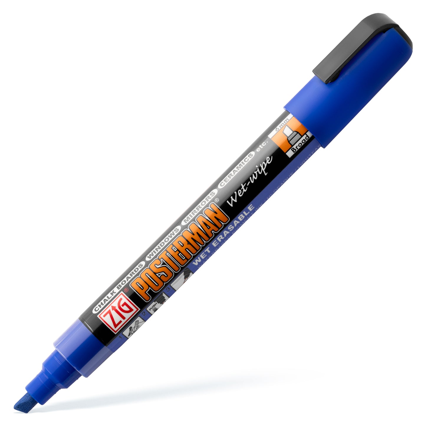 Kuretake ZIG Posterman Wet-Wipe Marker - 6mm Chisel Tip - Blue