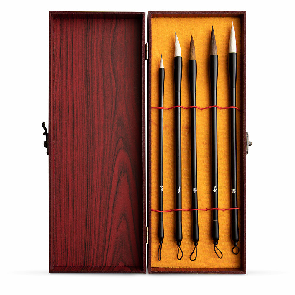 Studio Essentials : Chinese Brush Gift Set : 5 Mixed Hair Brushes : Wooden Box