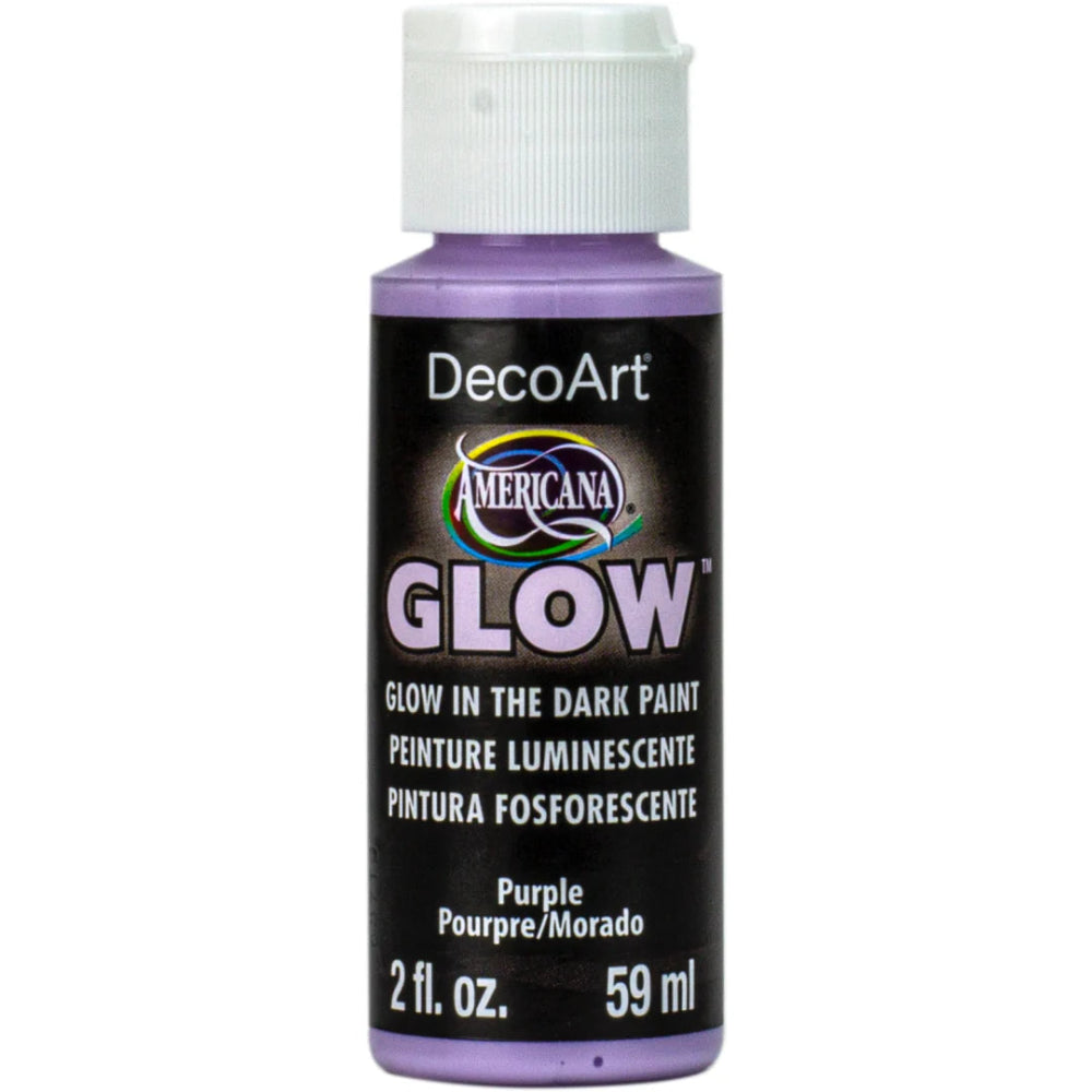 A bottle of DecoArt Americana Glow in the Dark Paint in Purple, 2 fl. oz.