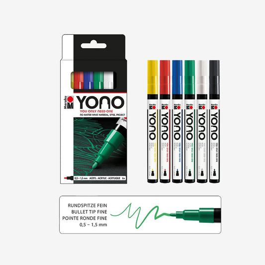 Marabu : Yono Marker : 0.5-1.5mm Fine Bullet Tip : Set of 6