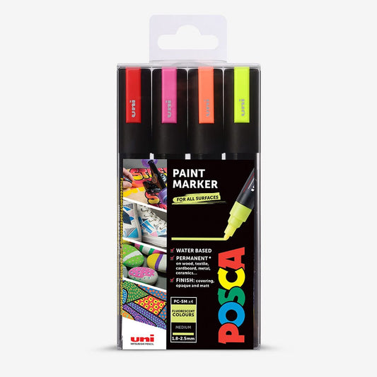 Uni : Posca : PC-5ML : Medium Bullet Tip : 1.8 - 2.5mm : Set of 4 : Fluorescent
