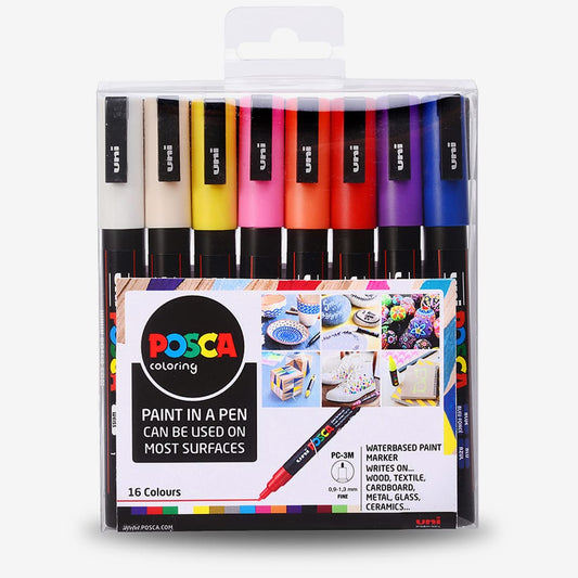 Uni : Posca Marker : PC-3M : Fine Bullet Tip : 0.9 - 1.3mm : Assorted Colours Set of 16