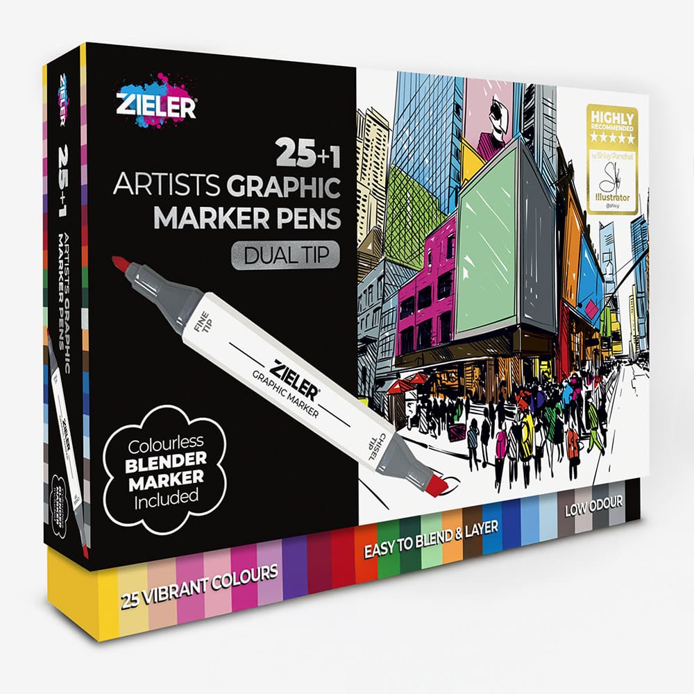 Zieler : Artists' Duel Tip Graphic Marker : Set of 25 With Blending Pen