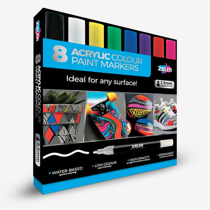 Zieler : Acrylic Paint Markers : 2.5mm : Assorted Colours : Set of 8