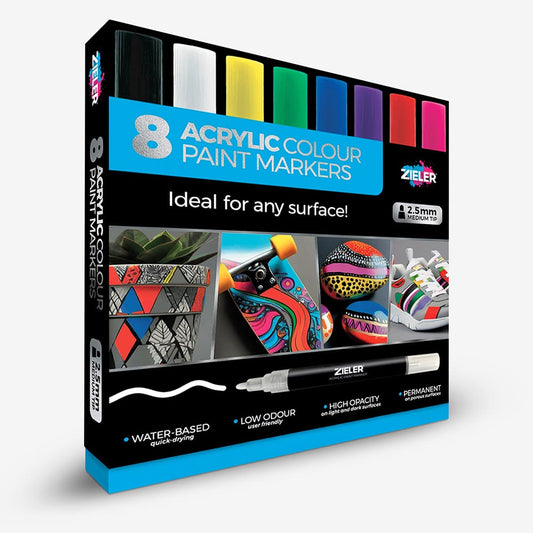 Zieler : Acrylic Paint Markers : 2.5mm : Assorted Colours : Set of 8