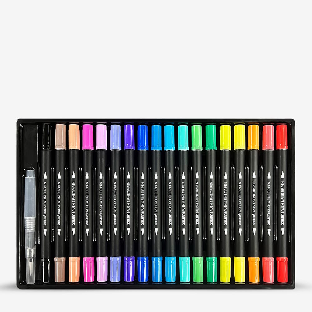 Zieler : Duo Tip : Brush and Fineliner Drawing Pens : Set of 18