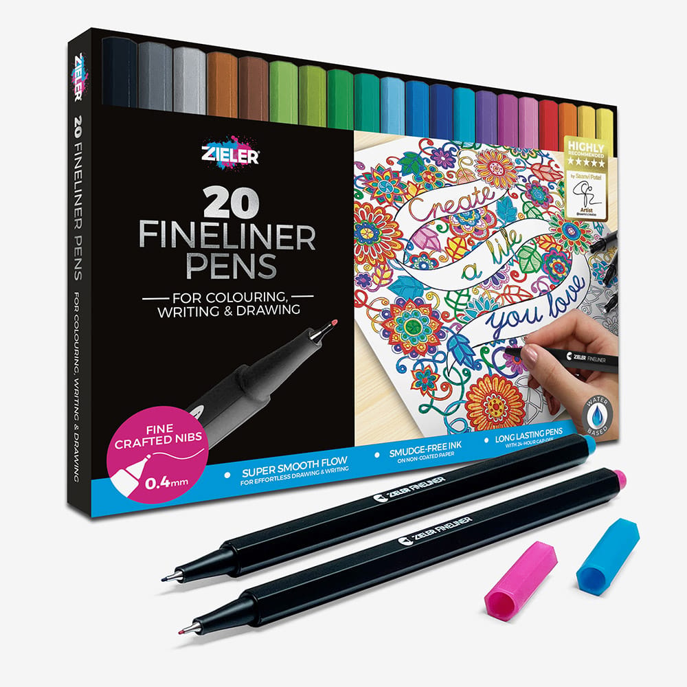 Zieler : Fineliner Drawing Pens : 0.4mm : Assorted Colours : Set of 20
