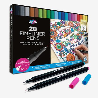 Zieler : Fineliner Drawing Pens : 0.4mm : Assorted Colours : Set of 20