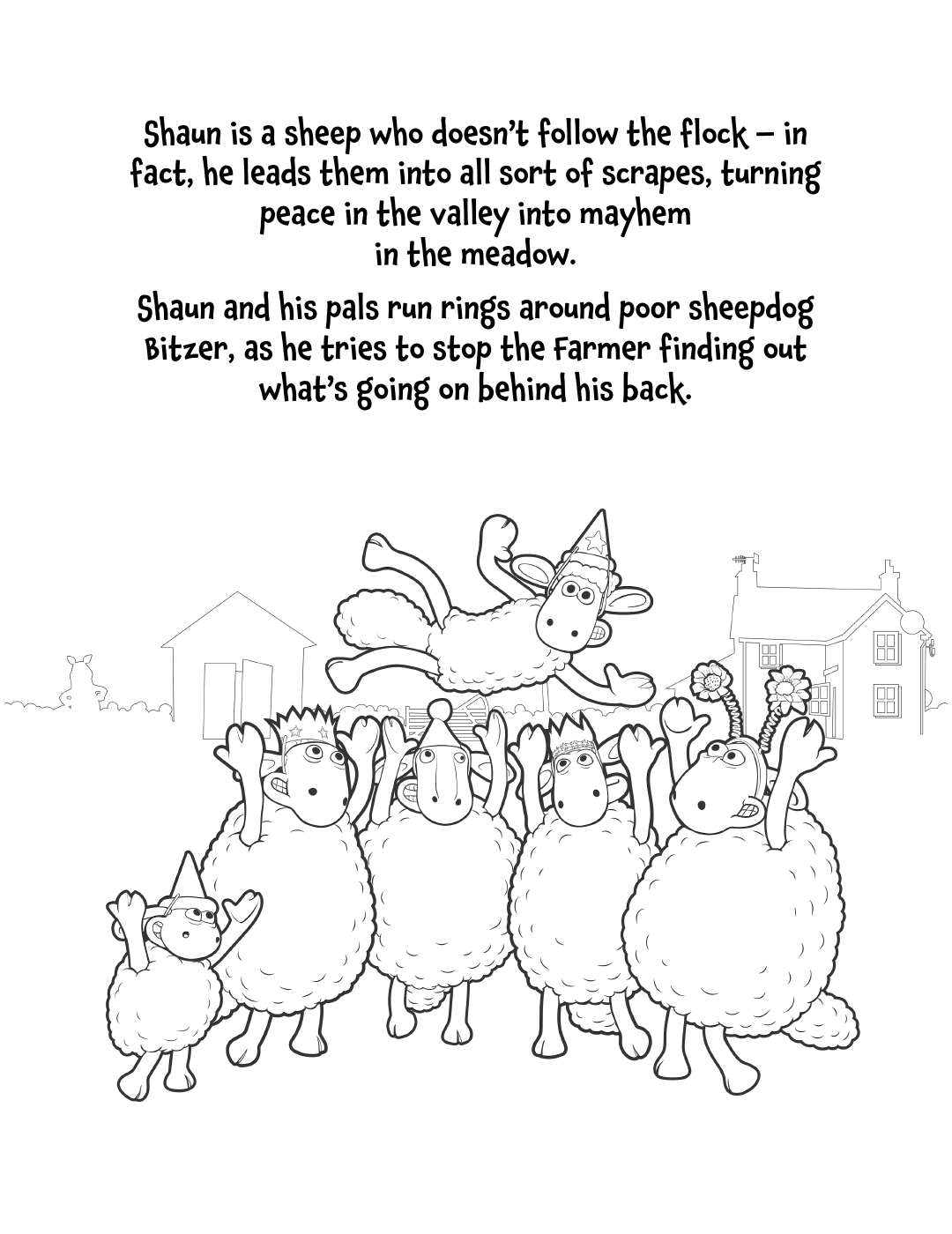 Sample Page 1 - An illustration featuring Shaun the Sheep being celebrated by his fellow woolly friends