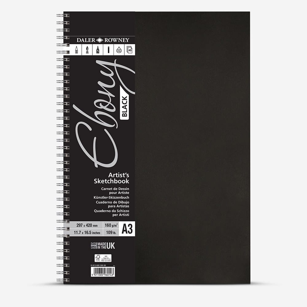 Daler-Rowney : Ebony : Spiral Pad : Black Paper : Portrait : 160gsm : 40 Sheets