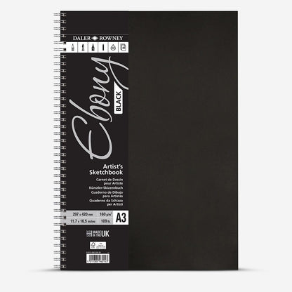 Daler-Rowney : Ebony : Spiral Pad : Black Paper : Portrait : 160gsm : 40 Sheets