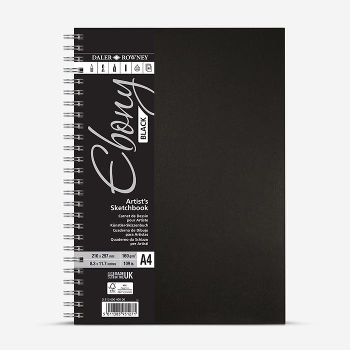 Daler-Rowney : Ebony : Spiral Pad : Black Paper : Portrait : 160gsm : 40 Sheets