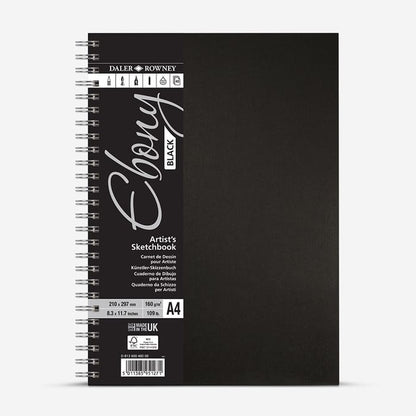Daler-Rowney : Ebony : Spiral Pad : Black Paper : Portrait : 160gsm : 40 Sheets