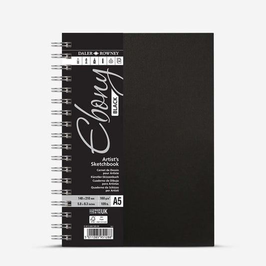 Daler-Rowney : Ebony : Spiral Pad : Black Paper : Portrait : 160gsm : 40 Sheets