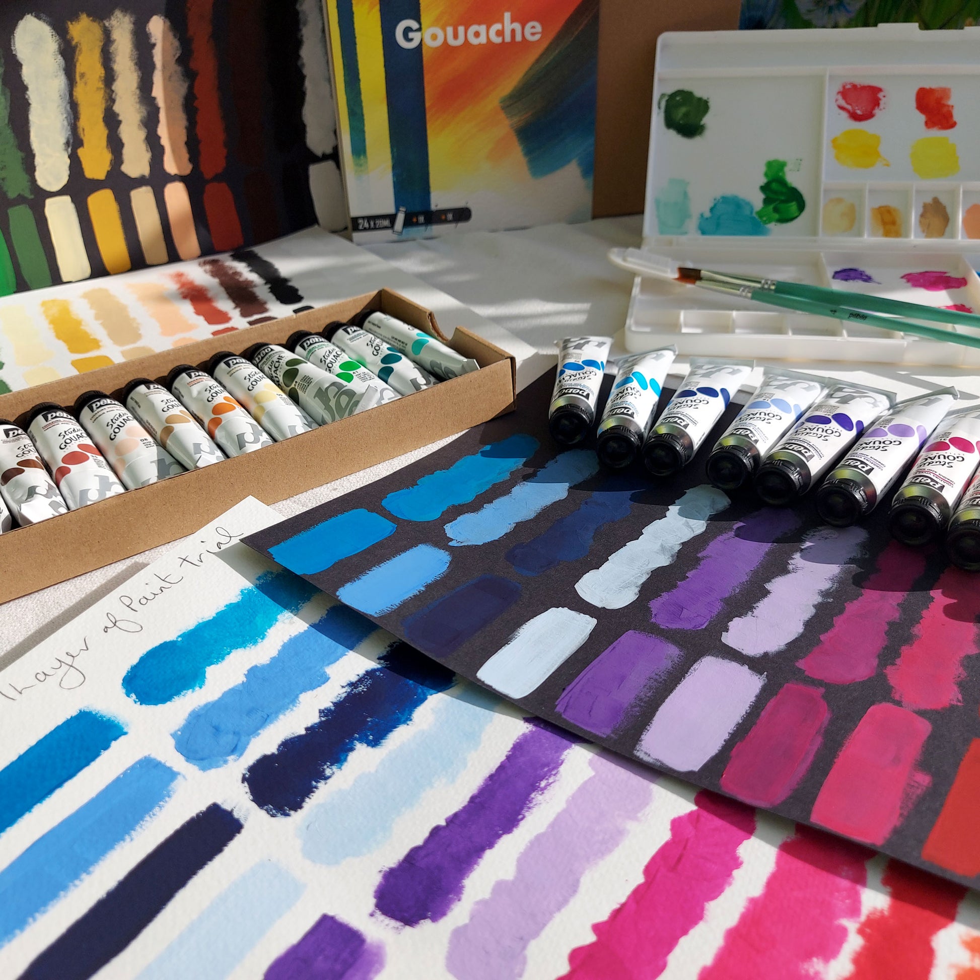 Pebeo Studio XL Gouache Set Mood Photo with Sample Brush Strokes