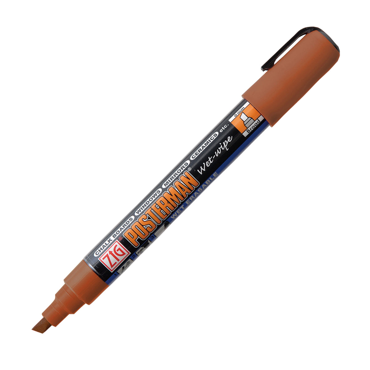 ZIG Posterman Wet-Wipe chalk markers, designed for a wide range of surfaces. Brown