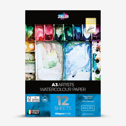 Zieler : Artists' Watercolour Pad : 300gsm : 12 Sheets : Cold Pressed