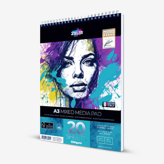 Zieler : Mixed Media Pad : Spiral Bound : 250gsm : 20 Sheets